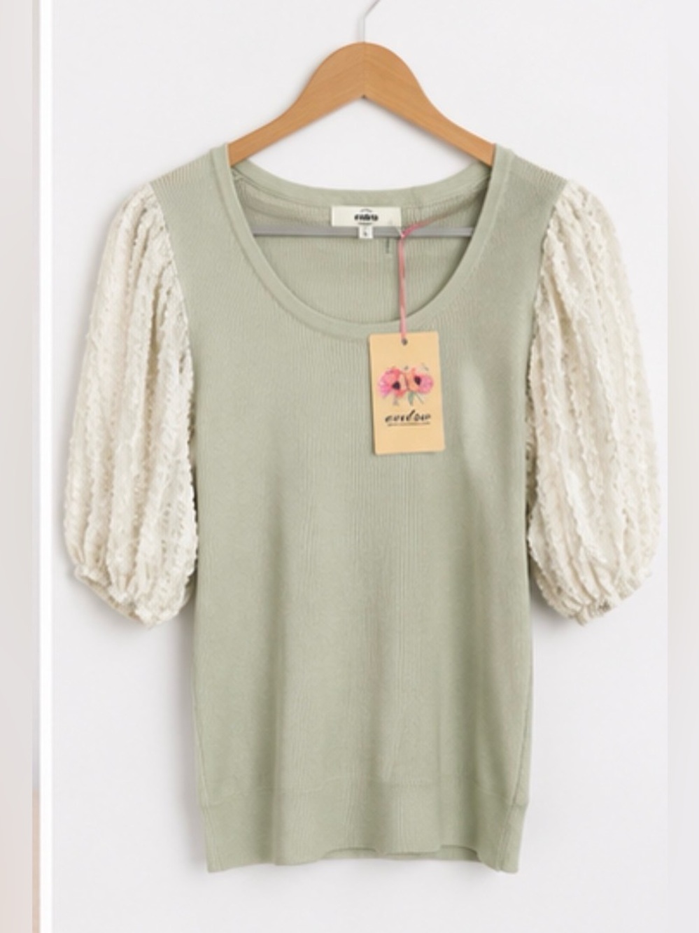 Entro Sage Green Ribbed Knit Puff Sleeve Top Size Large NWT